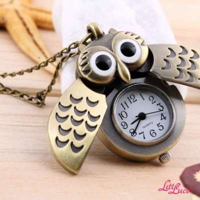 POCKET WATCH NECKLACE BRONZE OWL